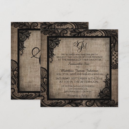 Zwart Kant Burlap Modern Gothic bruiloft uitnodigi Kaart (Voorkant / Achterkant)
