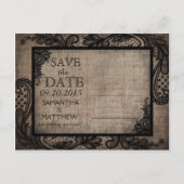 Zwart Kant Burlap Modern Gothic Foto Save the Date Aankondigingskaart (Achterkant)