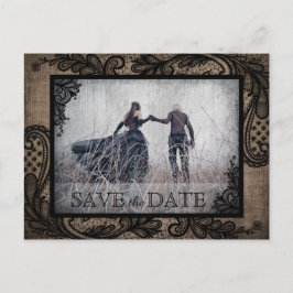 Zwart Kant Burlap Modern Gothic Foto Save the Date Aankondigingskaart
