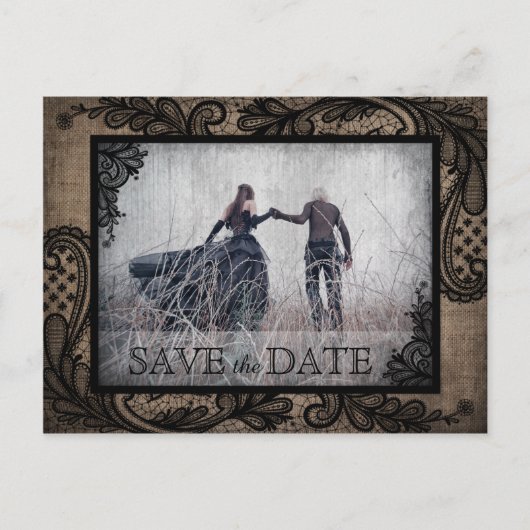 Zwart Kant Burlap Modern Gothic Foto Save the Date Aankondigingskaart (Voorkant)