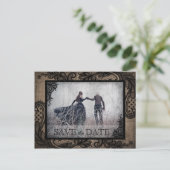 Zwart Kant Burlap Modern Gothic Foto Save the Date Aankondigingskaart (Staand voorkant)