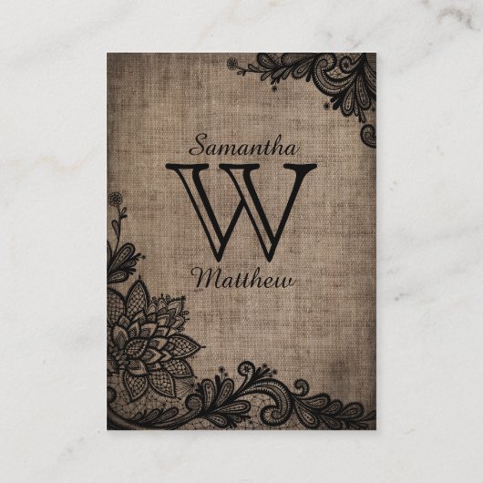 Zwart Kant Burlap Modern Gothic Trouwplaats Kaarte Plaatskaartje (Achterkant)