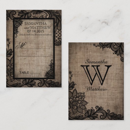 Zwart Kant Burlap Modern Gothic Trouwplaats Kaarte Plaatskaartje (Voorkant / Achterkant)