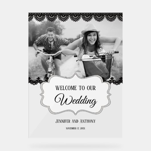 Zwart kant gepersonaliseerde foto bruiloft welkom acryl bord (Voorkant)