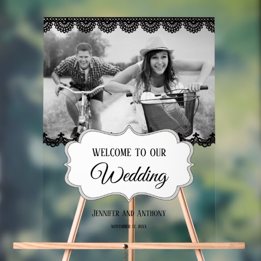 Zwart kant gepersonaliseerde foto bruiloft welkom acryl bord (Neutraal)