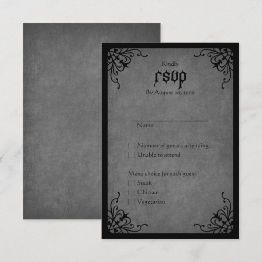 Zwart Kant Gotische Bruiloft RSVP Kaartje (Voorkant / Achterkant)