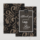 Zwart kant, jute, linnen custom bruiloft  bedankkaart (Voorkant / Achterkant)