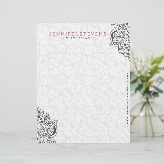 Zwart kant met witte damast achtergrond briefhoofd (Staand voorkant)