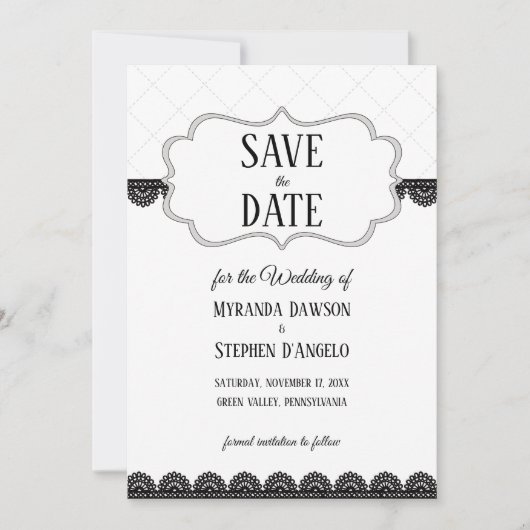Zwart Kant op Wit Custom Save the Date Kaart (Voorkant)