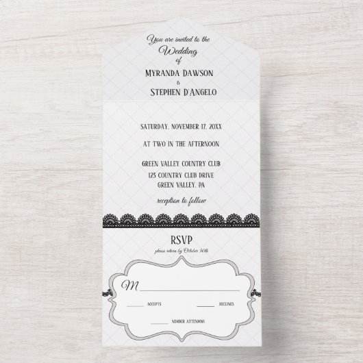 Zwart Kant op Witte Aangepaste Bruiloft All In One Uitnodiging (Binnen)