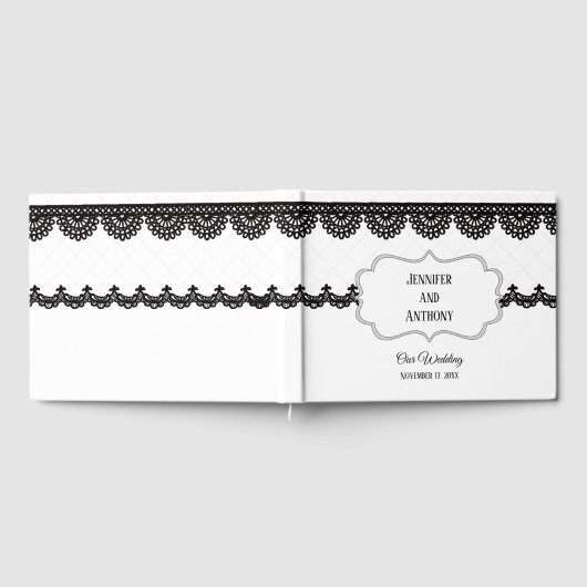 Zwart Kant op Witte Aangepaste Bruiloft Gastenboek (Volledig)