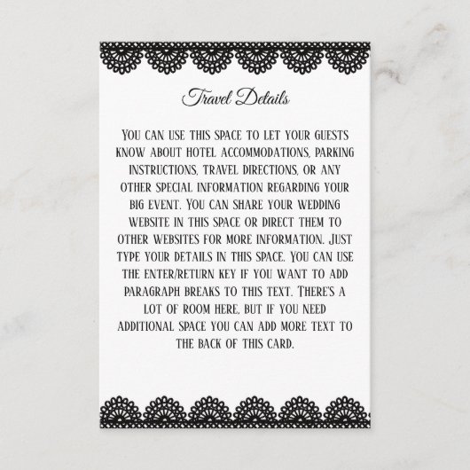 Zwart Kant op Witte Aangepaste Bruiloft Informatiekaartje (Voorkant)