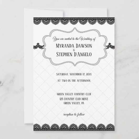 Zwart Kant op Witte Aangepaste Bruiloft Kaart (Voorkant)