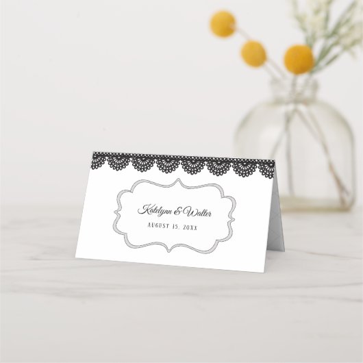 Zwart Kant op Witte Aangepaste Bruiloft Plaatskaartje (Achterkant)