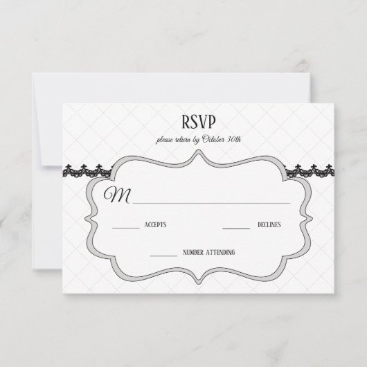 Zwart Kant op Witte Aangepaste Bruiloft RSVP Kaartje (Voorkant)