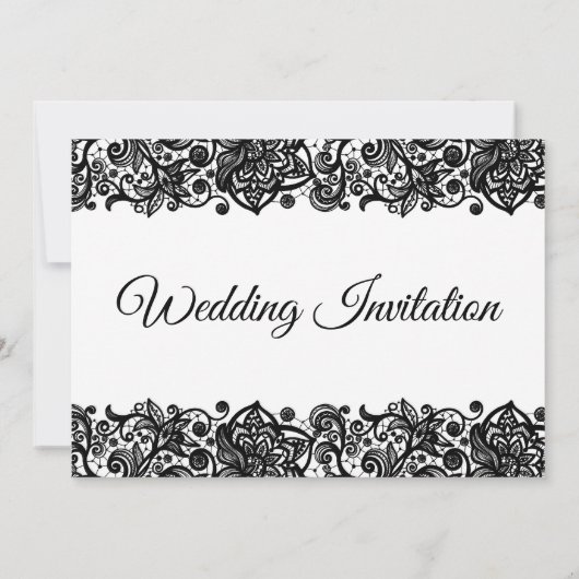 Zwart kant op witte achtergrond bruiloft uitnodigi kaart (Achterkant)