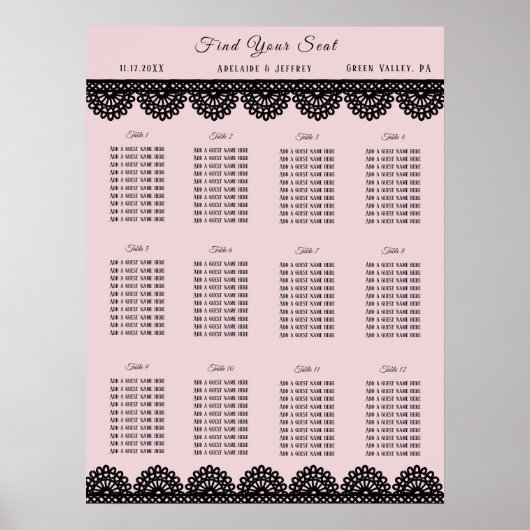 Zwart Kant op Zacht Roze Aangepaste Zitkaart Poster (Voorkant)