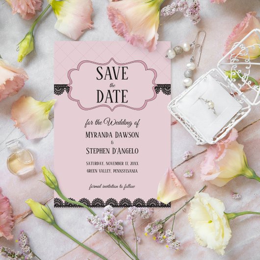 Zwart Kant op Zacht Roze Custom Save the Date Kaart