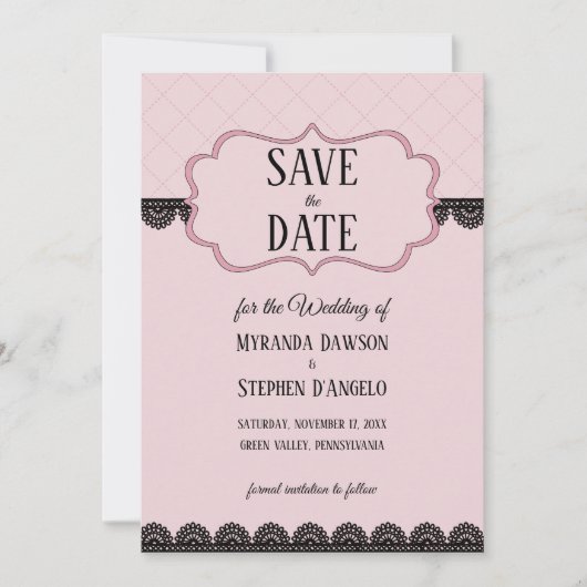 Zwart Kant op Zacht Roze Custom Save the Date Kaart (Voorkant)
