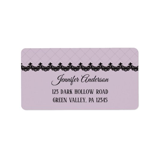 Zwart kant op zachte lavendel aangepaste bruiloft etiket (Voorkant)