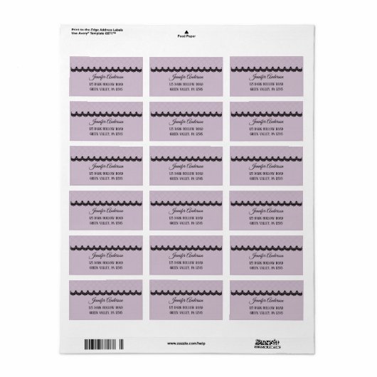 Zwart kant op zachte lavendel aangepaste bruiloft etiket (Full Sheet)