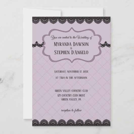 Zwart kant op zachte lavendel aangepaste bruiloft kaart (Voorkant)
