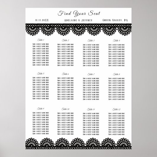 Zwart Kant op Zachte Lavendel Aangepaste Zitkaart Poster (Voorkant)