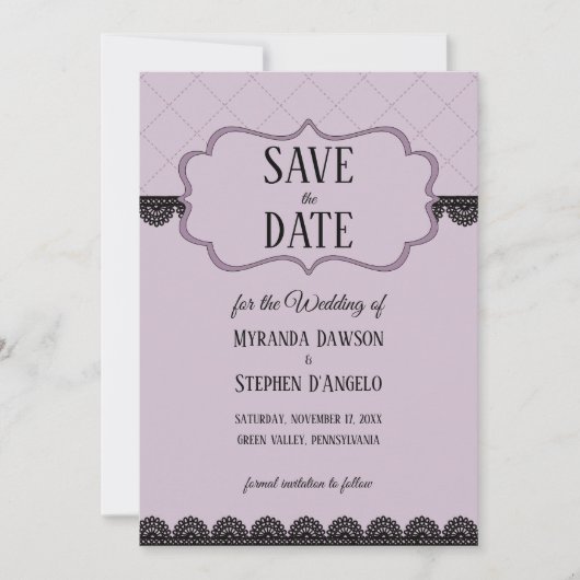 Zwart Kant op Zachte Lavendel Custom Save the Date Kaart (Voorkant)