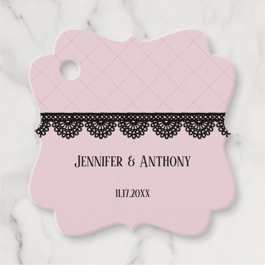 Zwart Kant op Zachte Roze Custom Bruiloft Bedankjes Labels (Voorkant)