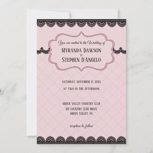 Zwart Kant op Zachte Roze Custom Bruiloft Kaart (Voorkant)