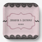 Zwart Kant op Zachte Roze Custom Bruiloft Papieren Bordje (Voorkant)