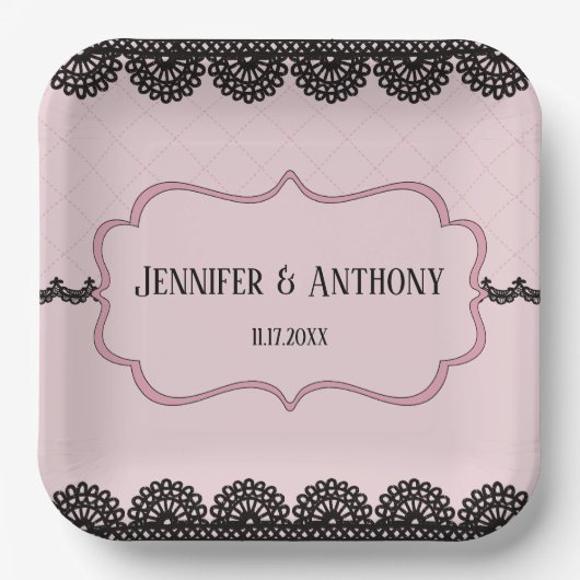 Zwart Kant op Zachte Roze Custom Bruiloft Papieren Bordje (Voorkant)