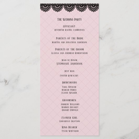Zwart Kant op Zachte Roze Custom Bruiloft Programmakaart (Achterkant)
