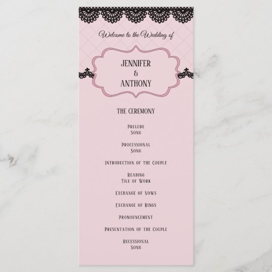 Zwart Kant op Zachte Roze Custom Bruiloft Programmakaart (Voorkant)