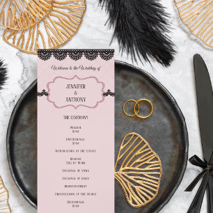 Zwart Kant op Zachte Roze Custom Bruiloft Programmakaart