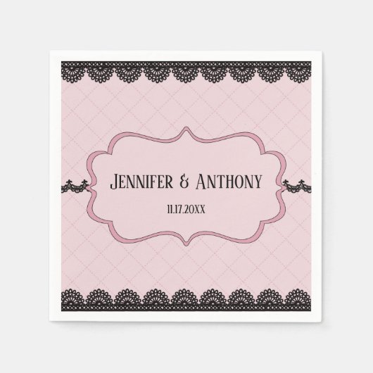 Zwart Kant op Zachte Roze Custom Bruiloft Servet (Voorkant)