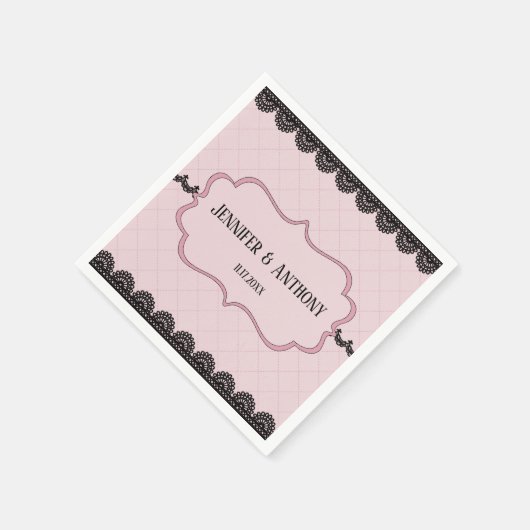 Zwart Kant op Zachte Roze Custom Bruiloft Servet (Hoek)