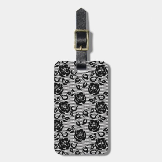 Zwart kant patroon op witte achtergrond bagagelabel (Voorkant verticaal)