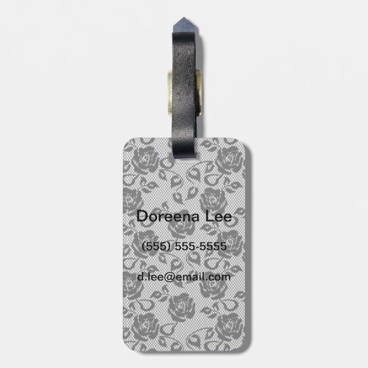 Zwart kant patroon op witte achtergrond bagagelabel (Achterkant verticaal)