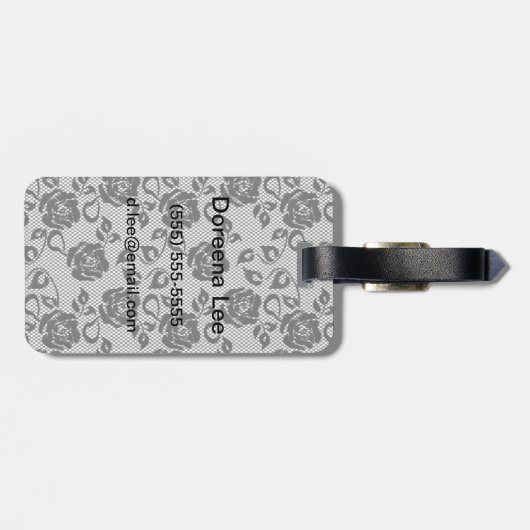 Zwart kant patroon op witte achtergrond bagagelabel (Achterkant horizontaal)