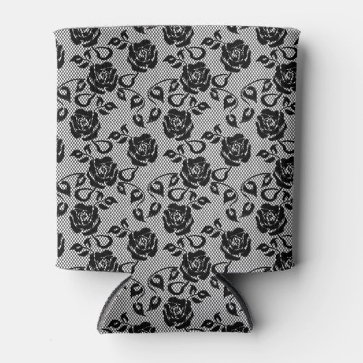 Zwart kant patroon op witte achtergrond blikjeskoeler (Voorkant)