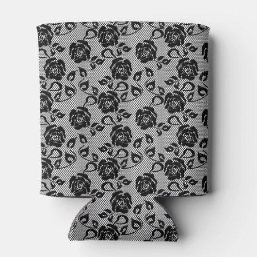 Zwart kant patroon op witte achtergrond blikjeskoeler (Achterkant)