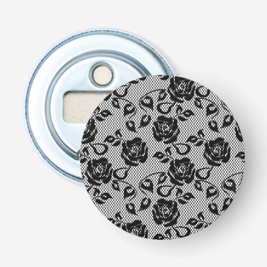 Zwart kant patroon op witte achtergrond button flesopener (Voorkant)