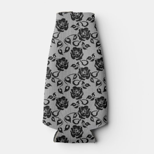 Zwart kant patroon op witte achtergrond flesjeskoeler (Voorkant)