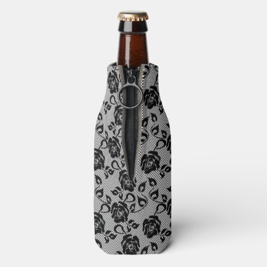 Zwart kant patroon op witte achtergrond flesjeskoeler (Fles Achterkant)