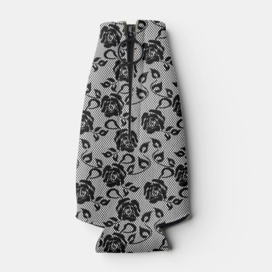 Zwart kant patroon op witte achtergrond flesjeskoeler (Achterkant)