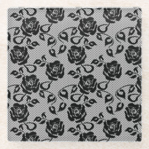 Zwart kant patroon op witte achtergrond glazen onderzetter