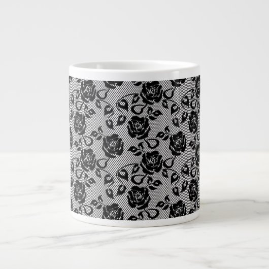 Zwart kant patroon op witte achtergrond grote koffiekop (Voorkant)