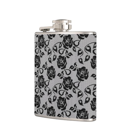 Zwart kant patroon op witte achtergrond heupfles (Links)