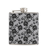 Zwart kant patroon op witte achtergrond heupfles (Voorkant)